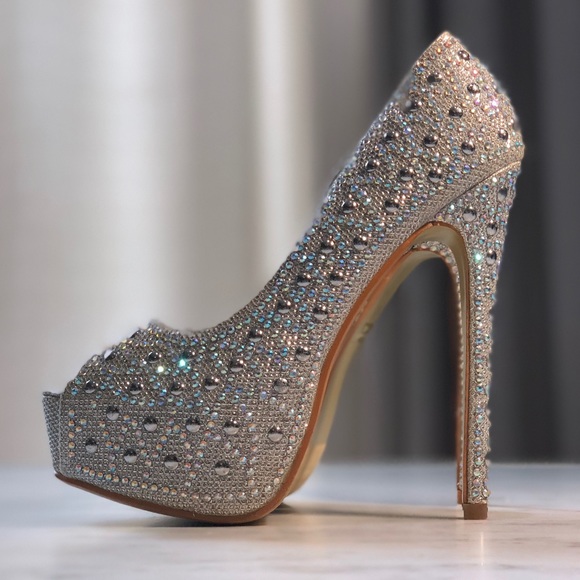 Lasonia Shoes - Lasonia Peep Toe Rhinestone Sparkly Pump Heels